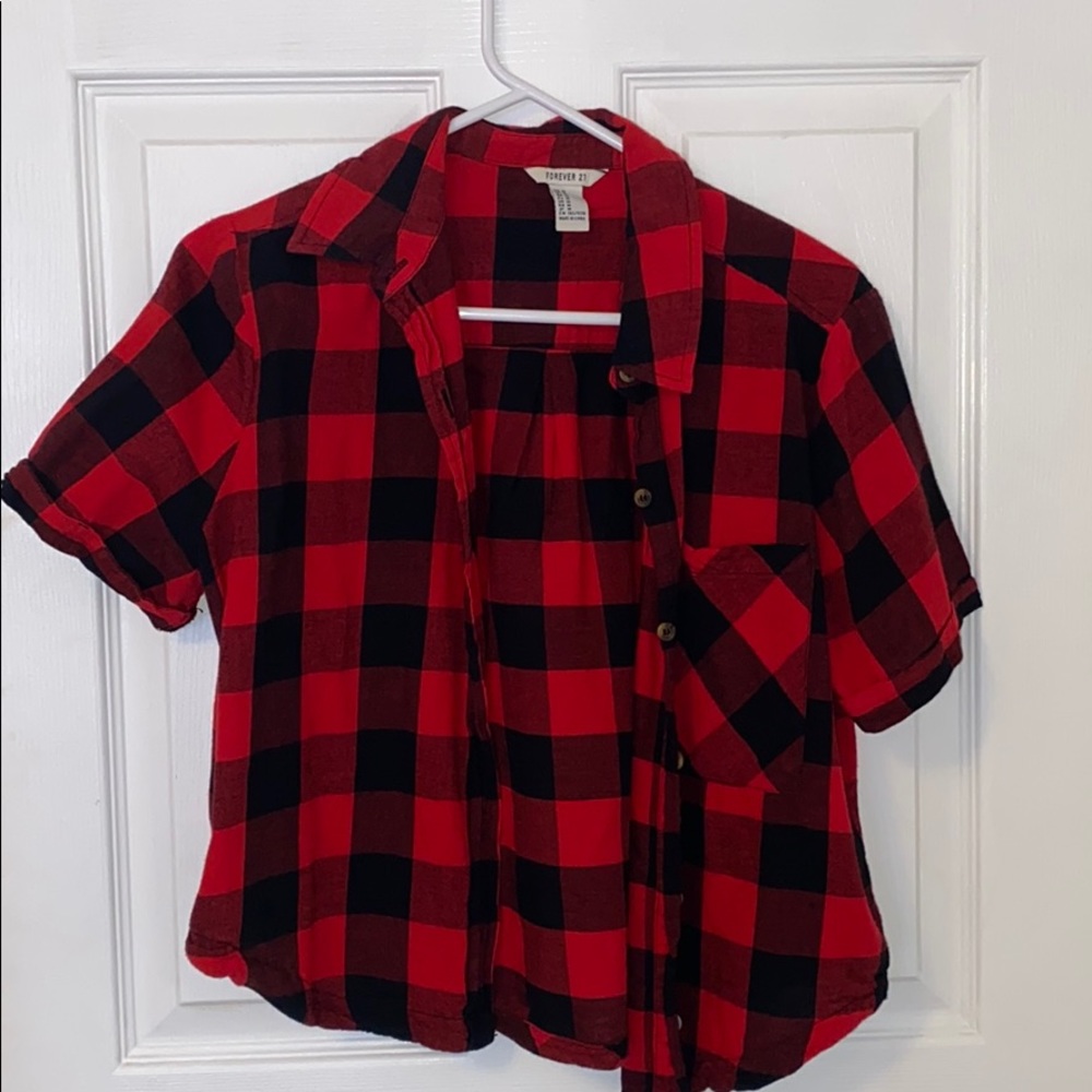 red plaid button up shirt
